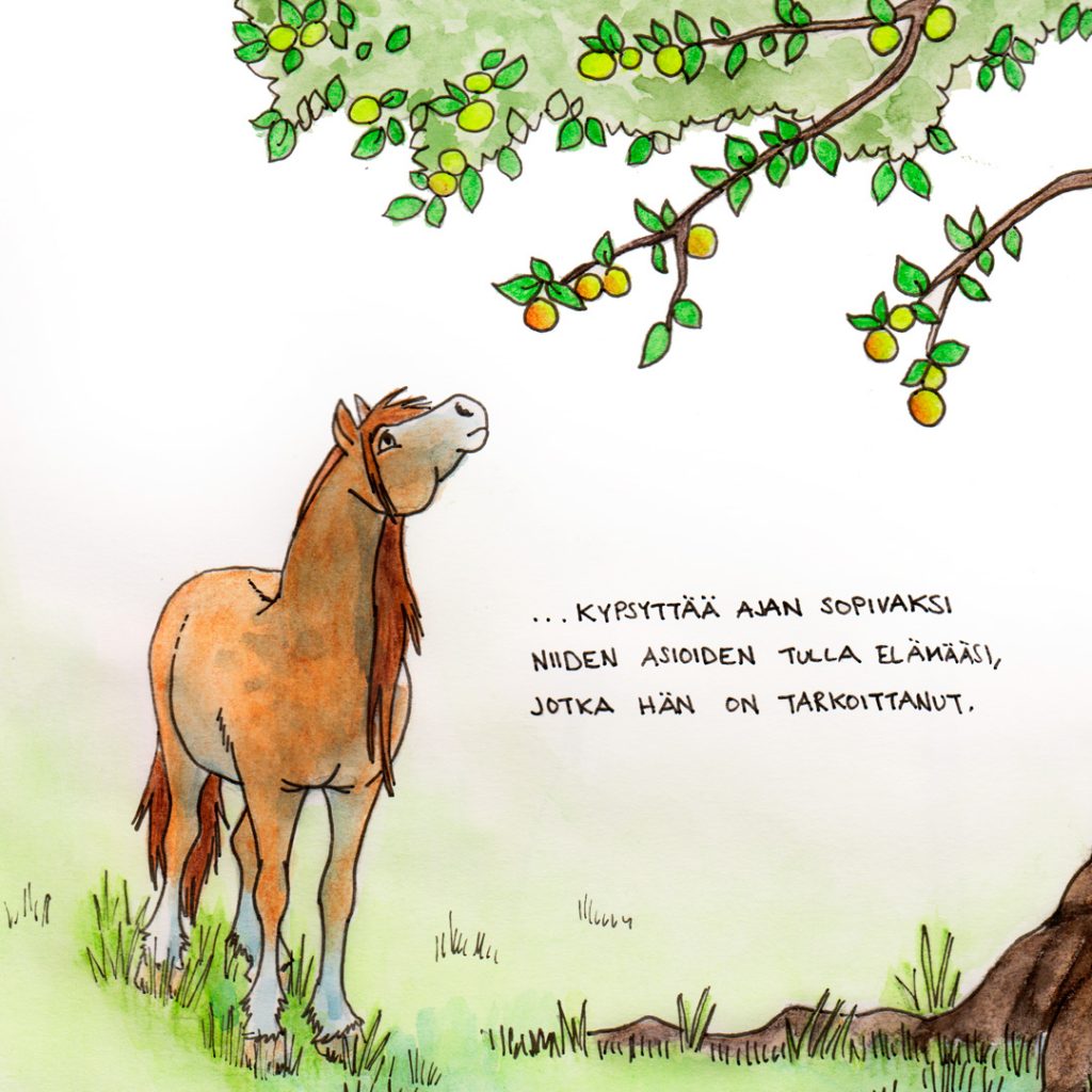 Piirroskuva hevosesta, joka katsoo omenapuun oksalla kypsyviä hedelmiä.